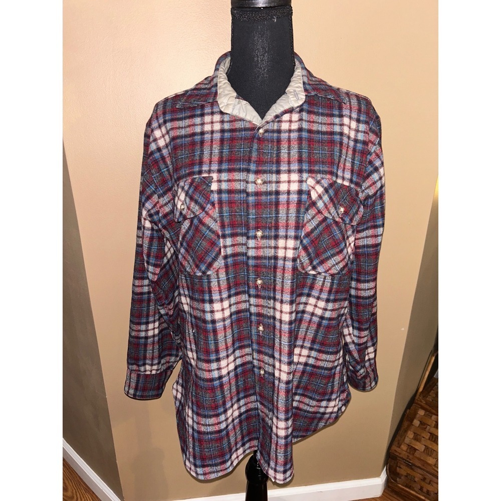 Vintage Pendleton‎ Shirt Mens Large Red Blue Virgin Wool USA Made Shacket Button